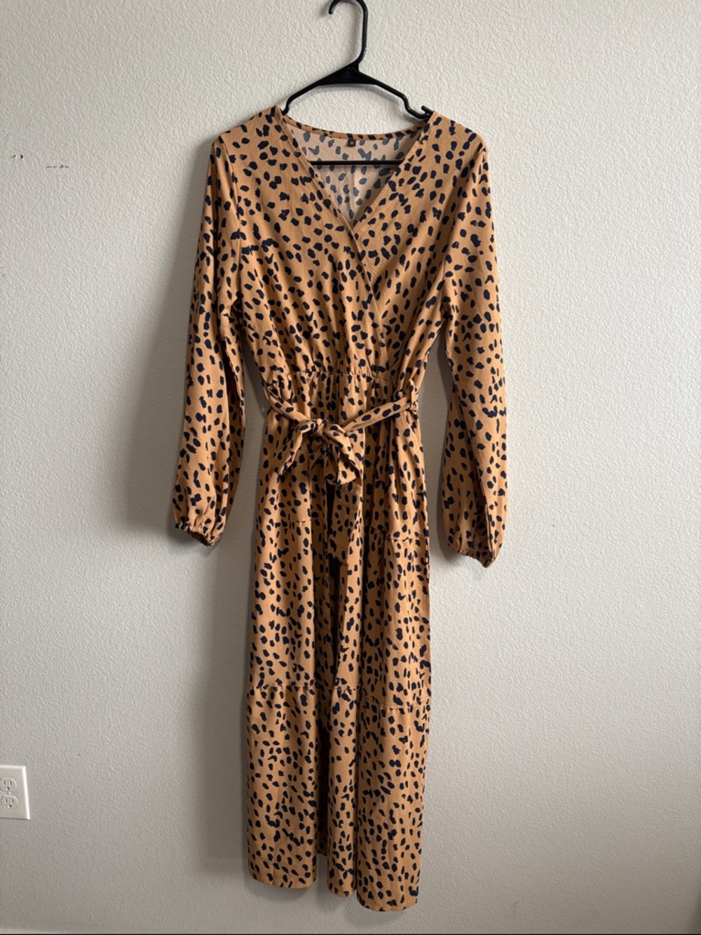 Tan Leopard Print Long Sleeve Wrap-Style Maxi Dress